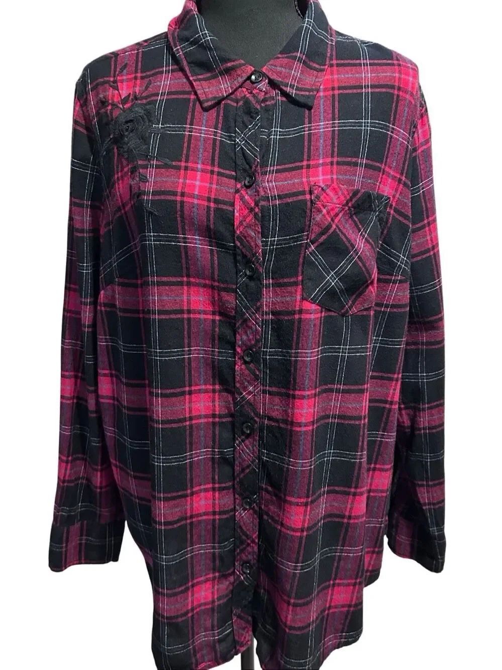 Terra & Sky Red Black Plaid Flannel Button Down Top Plus Size 0X 14W